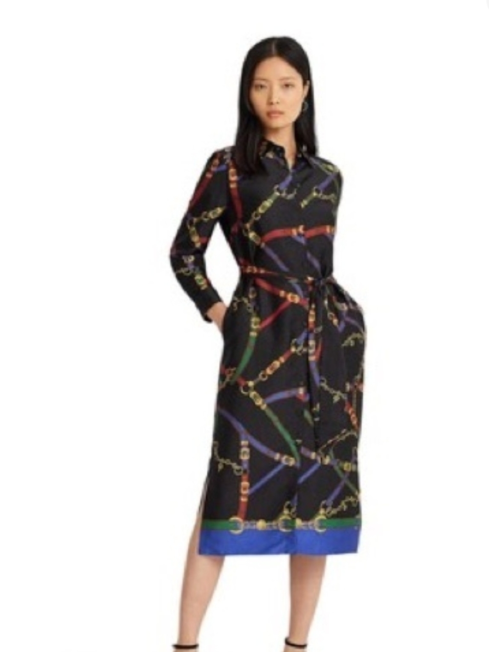 Polo Ralph Lauren Women's Equestrian Chain Belt Print Shirtdress Pockets